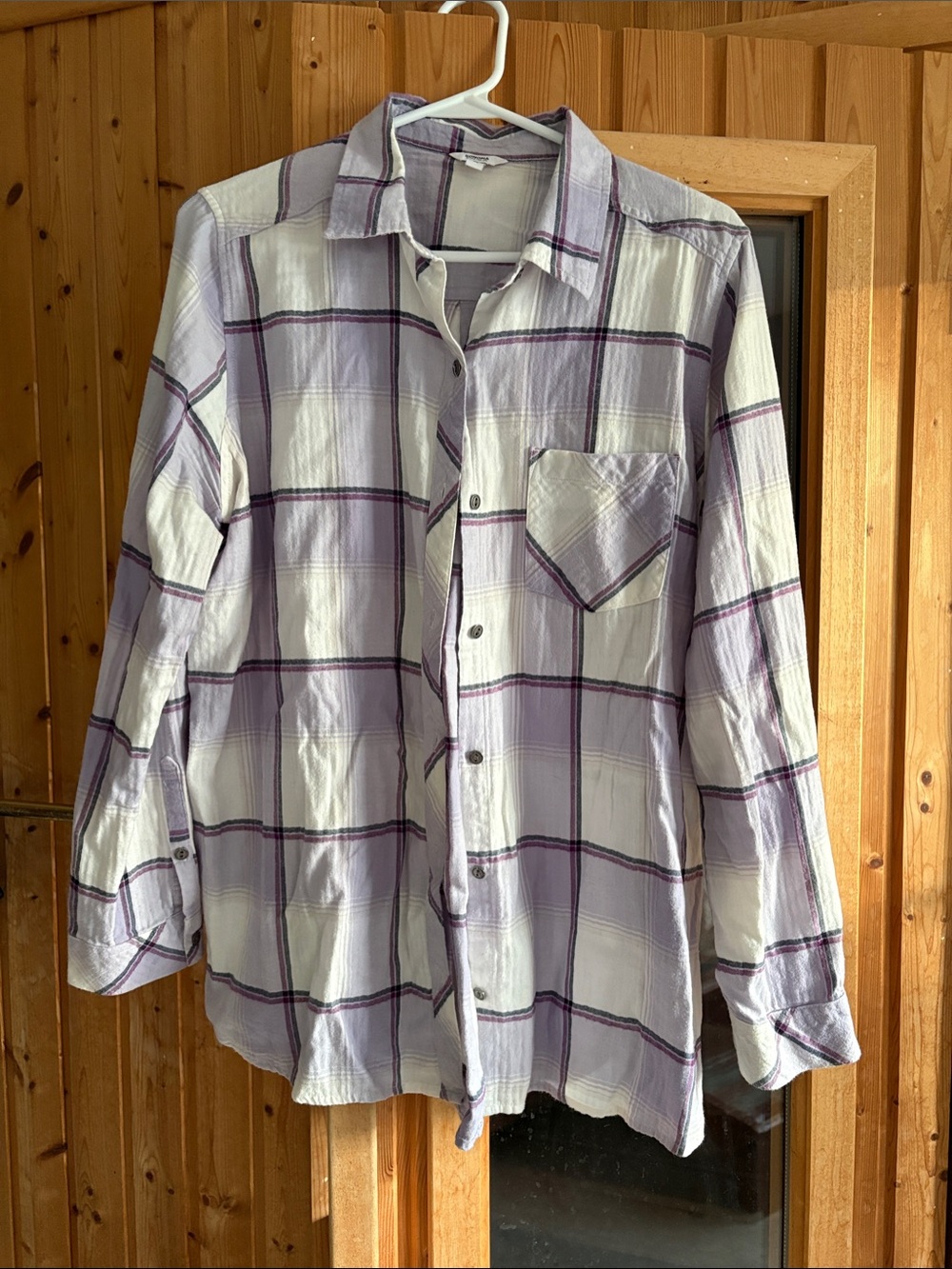 Womens White and Light Purple flannel Plaid Button-Down Shirt